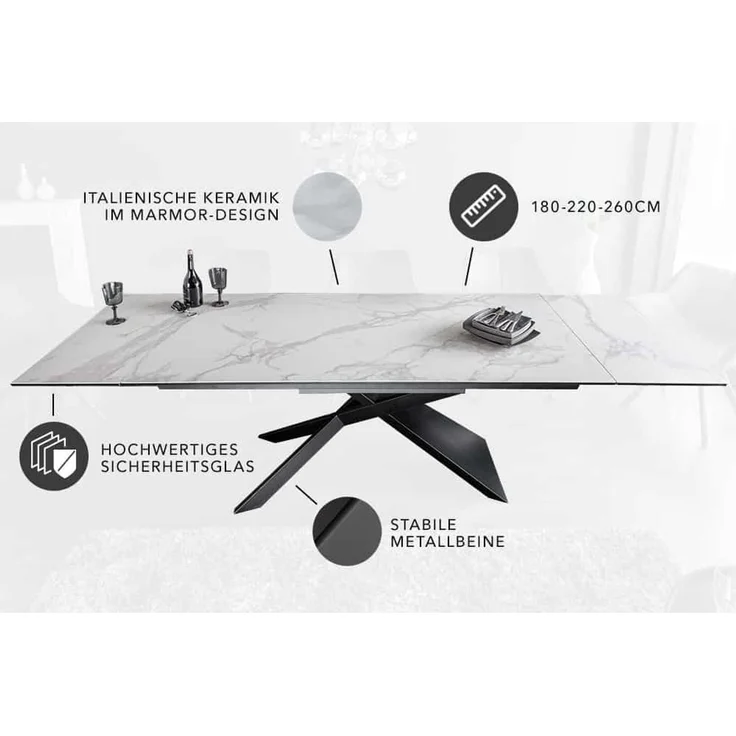 riess-ambiente Esstisch EUPHORIA 180-220-260cm weiß - Marmor-Design, Keramik made in Italy (Einzelartikel, 1-St), 3 Auszugsstufen für bis zu 12 Personen – ideal für Dein Esszimmer – Bild 3
