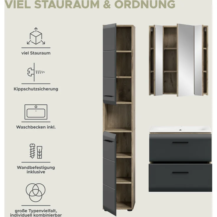 Badkombination (B/H/T: 105x185x46 cm) in schwarz matt und Nox Oak Nachbildung – Bild 9