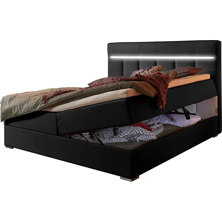 Atlantic Home Collection TESSA Stauraum Boxbett mit Taschenfederkernmatratze in Boxspringoptik, Leder imitat, Kunstleder, schwarz, 180x200 cm