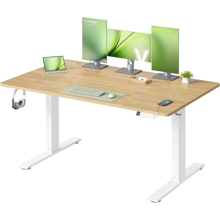 VASAGLE Höhenverstellbarer Schreibtisch, 140x80 cm, USB-C-Anschluss, Ablage für Steckdosenleiste, Stehtisch, Erinnerung bei langem Sitzen, 3 Speichertasten, für Büro, goldeichenfarben LSD144YA02 – Bild 1