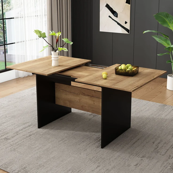 Erweiterbarer Esstisch mit Holzmaserungs-Optik, 80x140/180x75 cm, Schwarz+Nussbaum, für 4-6 Personen – Bild 3