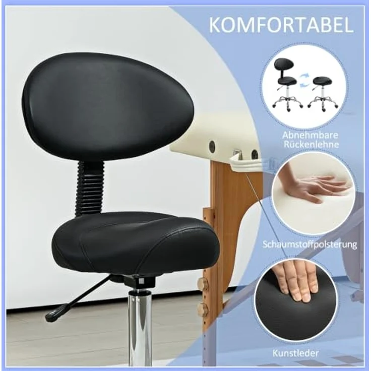 HOMCOM Drehhocker Hocker Bürohocker Sattelhocker mit Rückenlehne (höhenverstellbar Rollhocker, 1 St, 360° drehbar Arbeitshocker), für Büro Salon Massage Spa Schwarz – Bild 4