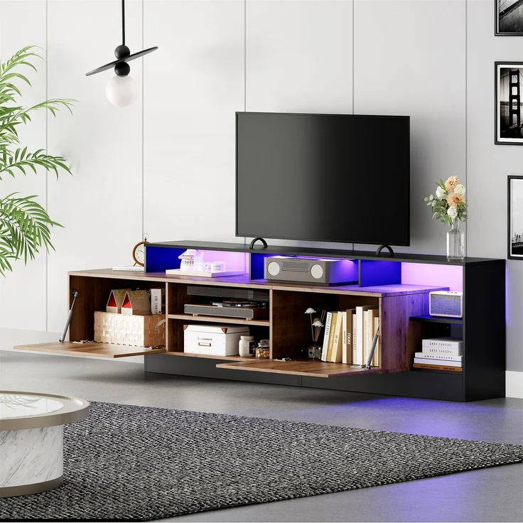 TV-Schrank in Holz & Schwarz,mit 2 herunterklappbare Türen, offene mittige Schubladen, LED-Fernbedienung 16 Farben 4 Modi – Bild 5