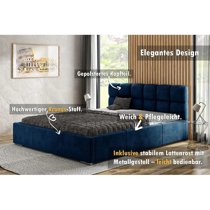 thematys Polsterbett mit Bettkasten & Lattenrost – Stauraumbett 140x200cm, ohne Matratze, Plüschstoff, Blau – Bild 2