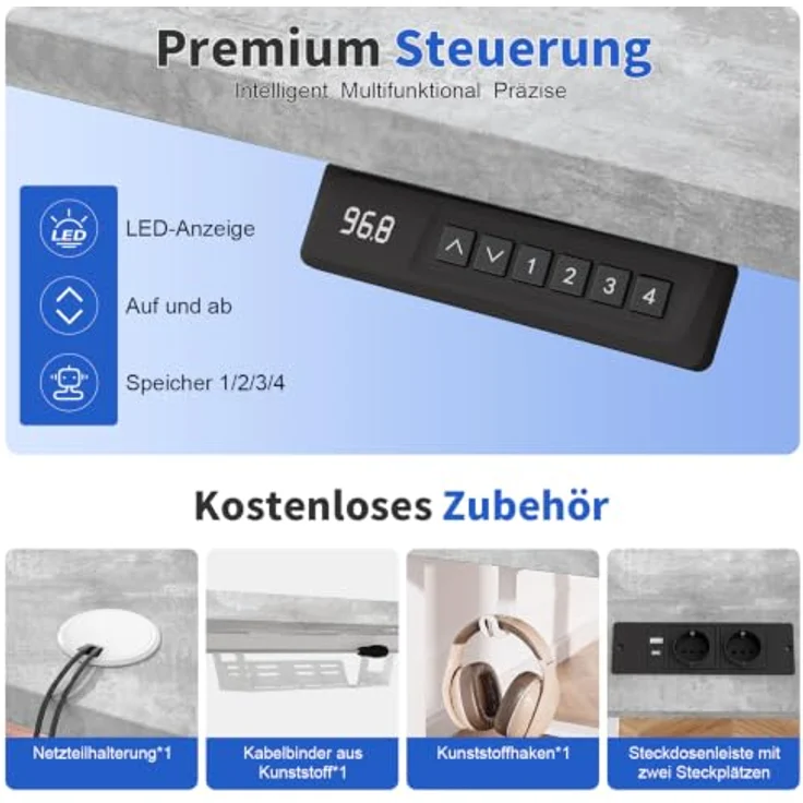JUMMICO Höhenverstellbarer Schreibtisch 140x60 cm mit Steckdose | Schreibtisch Höhenverstellbar Elektrisch Stehtisch, Steh-Sitz Tisch, Bürotisch Computertisch für Home Office, Steingrau – Bild 5