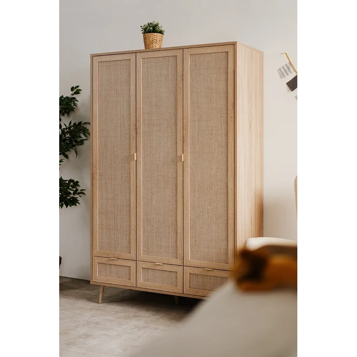 Calicosy 'BALI' Schrank mit Türen, Schubladen und Kleiderstangen L120cm - Rattan-Druck - Helles Holz – Bild 4