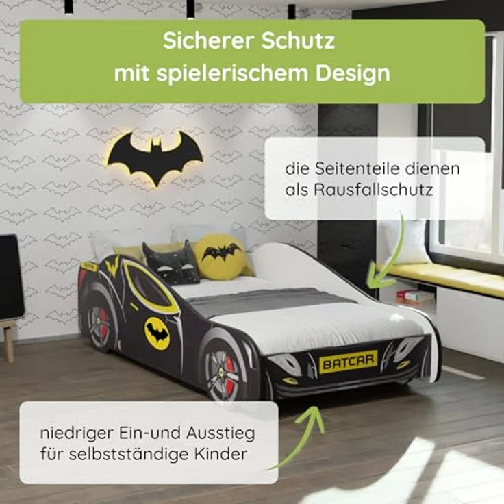 Kids Collective Autobett 70x140, 80x160 cm Kinderbett Jugendbett mit Rausfallschutz (Spielbett Batman Batmobil Bat Car Auto), Bett in schwarz Kinderbett 70x140 cm optional mit Matratze – Bild 8