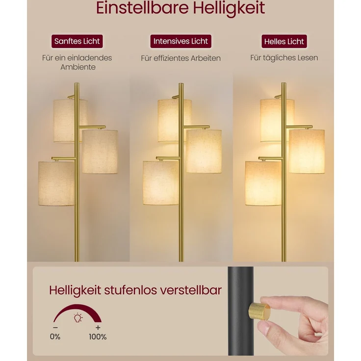 VASAGLE Stehleuchte, Standleuchte, Stehlampe mit 3 Glühbirnen, verstellbare Helligkeit, modern, Lampenschirm aus Stoff, 3 E27 Fassungen, gold-schwarz LFL003B02 – Bild 5