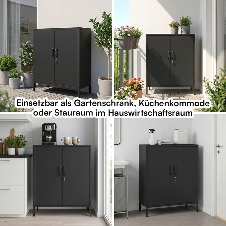 STEELSØN 'Menkent' Outdoor Metallkommode, Doppeltür mit Schloss, schwarz, 100x80x45 cm, mit 2 Einlegeböden, 3 höhenverstellbare Fächer – Bild 9