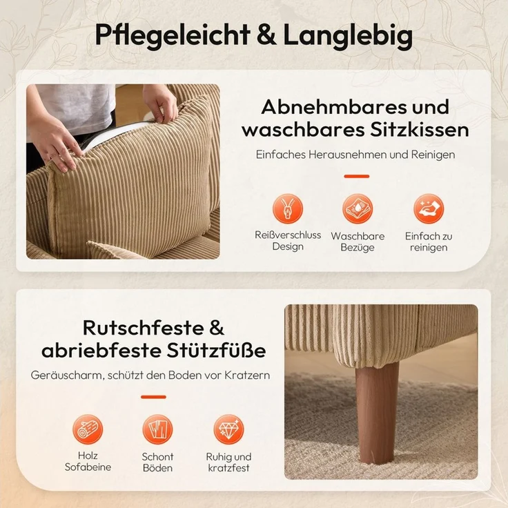 VINGLI Sofa klein 2-Sitzer, 125cm Couch aus Cord, stabiler Konstruktion, vielseitig für Wohnzimmer/Wohnung/Büro – Bild 4