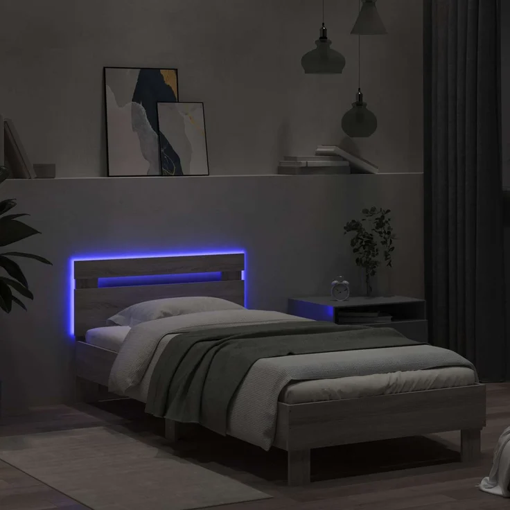 vidaXL Bettrahmen mit LED-Lichtleisten Grau Sonoma Holzwerkstoff 8008995 – Bild 3