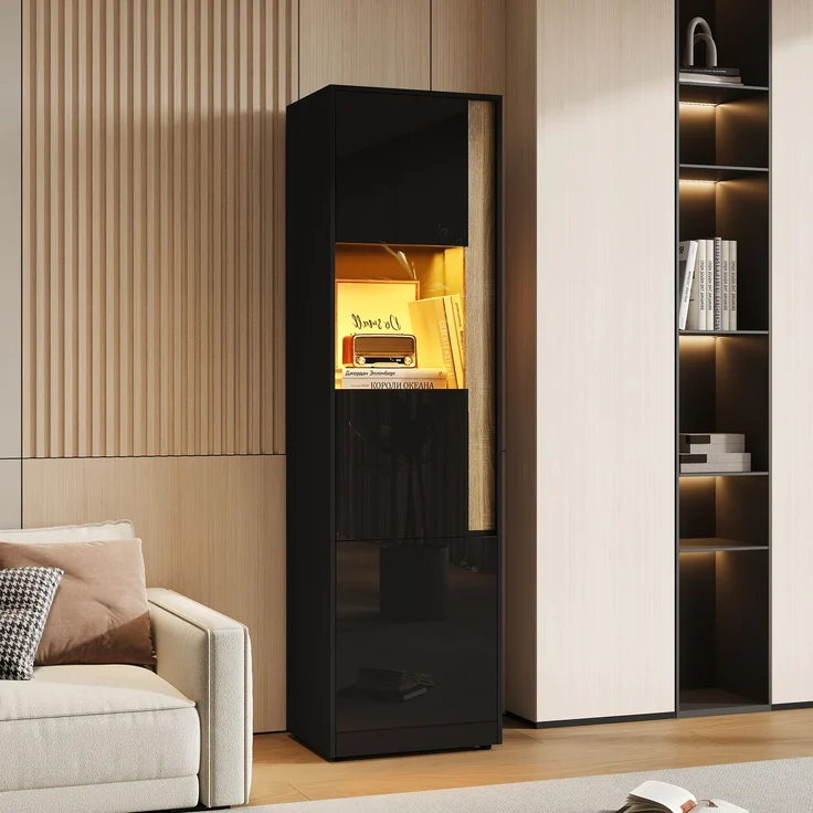Vitrine, Aufbewahrungsmöbel, hoher Schrank mit LED-Beleuchtung, 2 Türen (eine davon aus Acryl), Geeignet für Wohnzimmer, Büros und Küchen. Schwarz+Natural, Maße: B50 x T40 x H179 cm.--Schwarz + Natur--50x40x179cm--YOUDENOVA – Bild 4