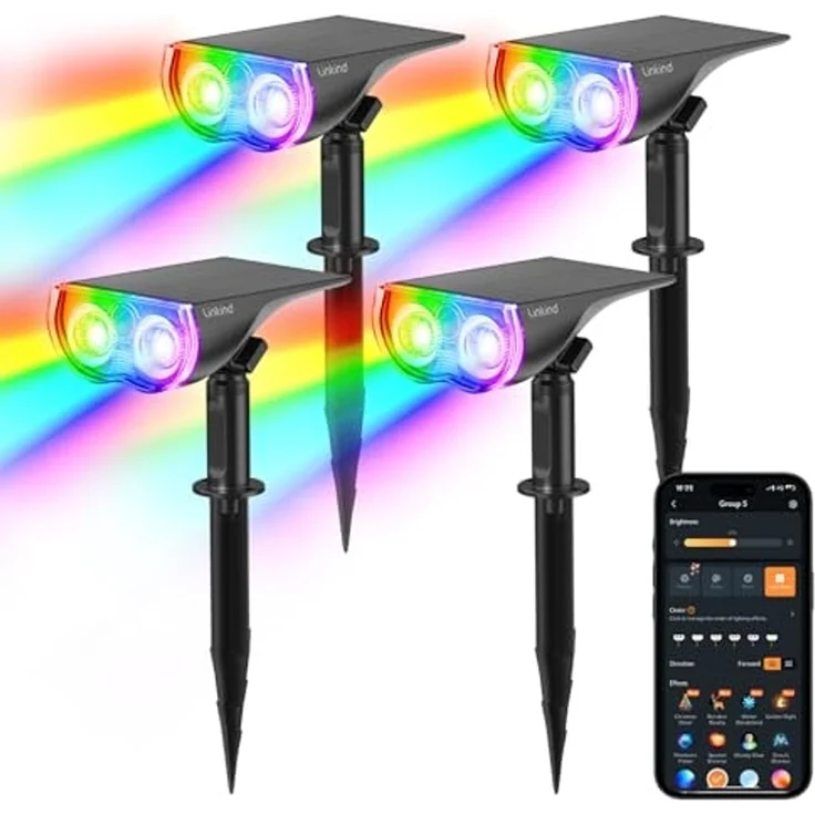 Linkind Smart RGBTW Solar Strahler für Garten, Intelligent 16Mio. Farbe Gartenleuchte mit Gruppensteuerung, Musiksync, Rotlichtalarm, IP65 Aussenstrahler Solar Baumstrahler, SL5C-4 Stück – Bild 1