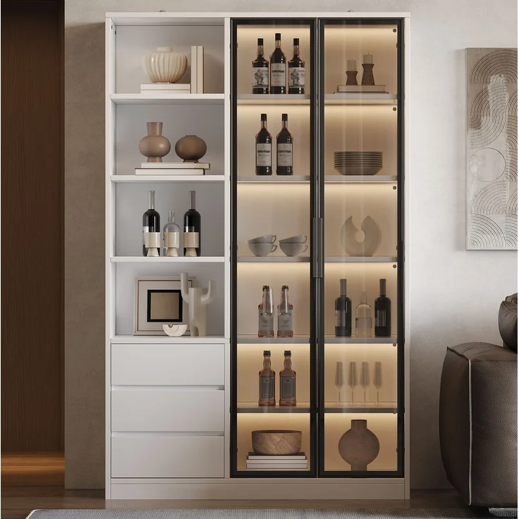 DESVIAE Sideboard Weiß aus MDF/PB – 100x160x35 cm – 3 Schubladen, LED-Beleuchtung – Bild 4