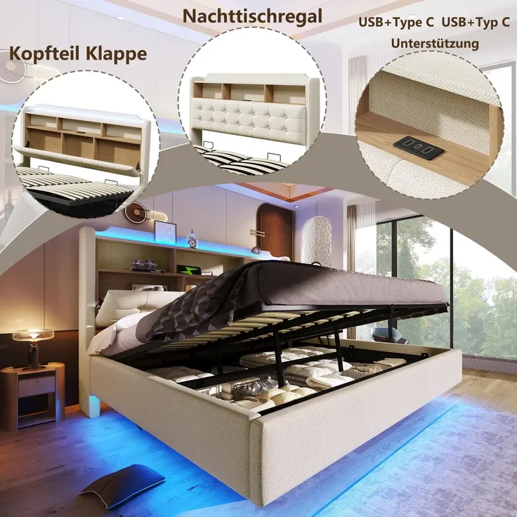 Polsterbett mit LED-Streifen, Type-C, USB und Stauraum, in schwebender Optik, gepolsterter Kopfteil, 180x200 cm, Doppelbett, Stauraumbett, Leinen – Bild 4