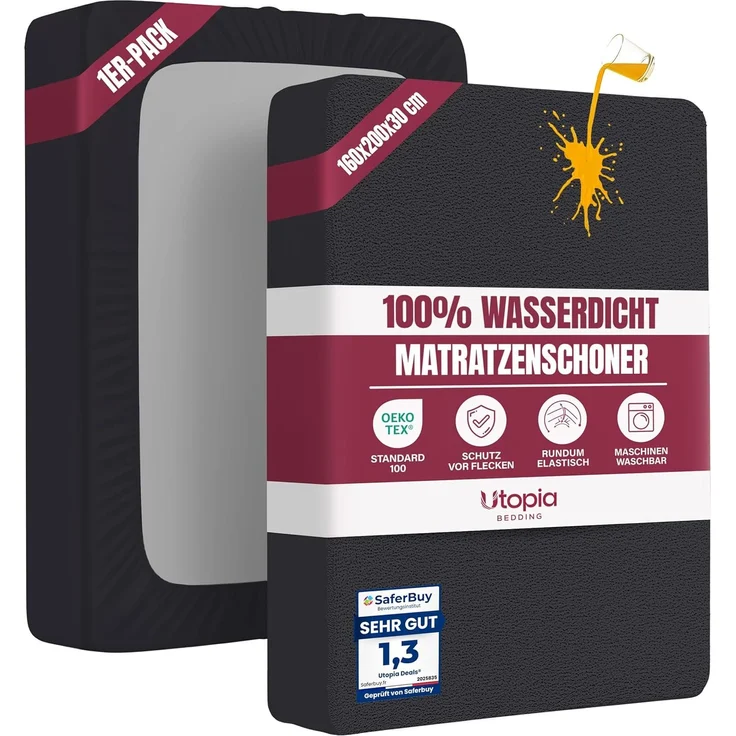 Utopia Bedding Matratzenschoner 160 x 200 x 30 cm Wasserdicht, Oeko-TEX Zertifiziert Matratzenauflage Atmungsaktive, Matratzenschutz, Rundum Elastisch Schwarz