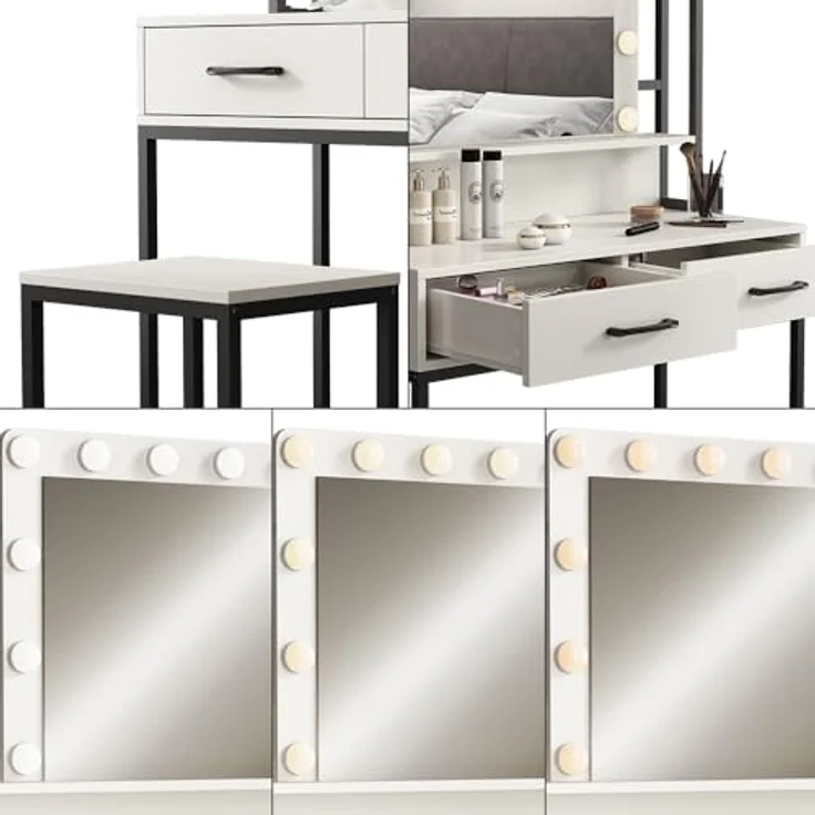 Vichy Schminktisch Luvia, 90 cm, Weiss/Schwarz mit LED-Beleuchtung und Hocker (40 x 40 x 146 cm) – Bild 5