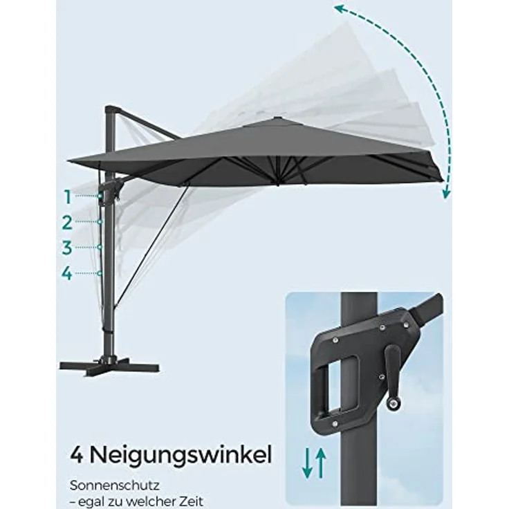 Songmics Sonnenschirm mit Ständer, 360° drehbar, UPF 50+, Rauchgrau, 253 x 290 x 290 cm – Bild 5