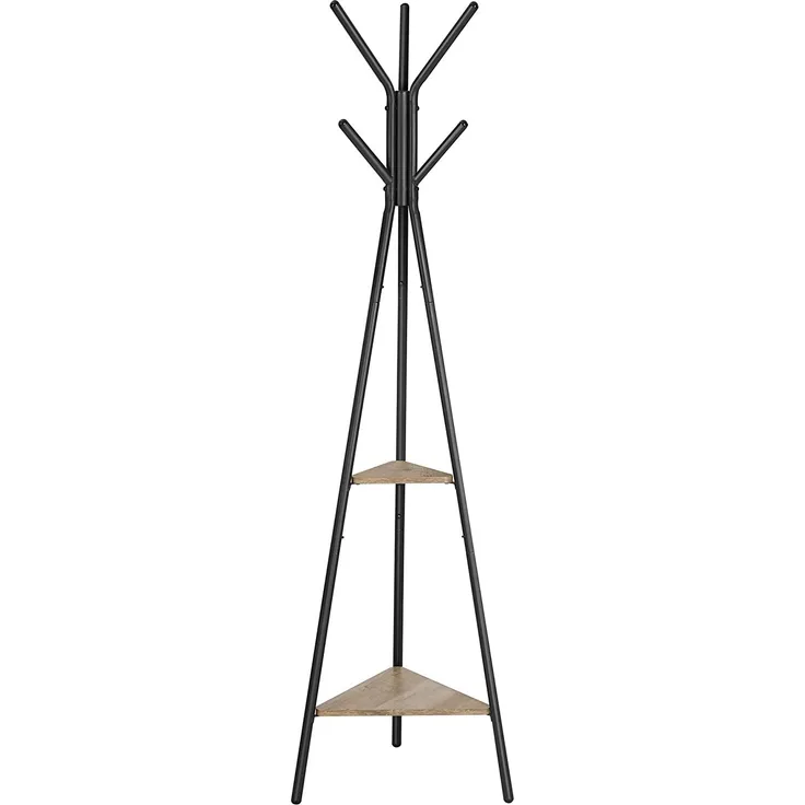 VASAGLE Garderobenständer in Baumform, Kleiderständer, freistehende Garderobe, Industrie-Design, mit 2 Ablagen, für Kleidung, Hüte, Taschen, Greige-schwarz RCR016B02