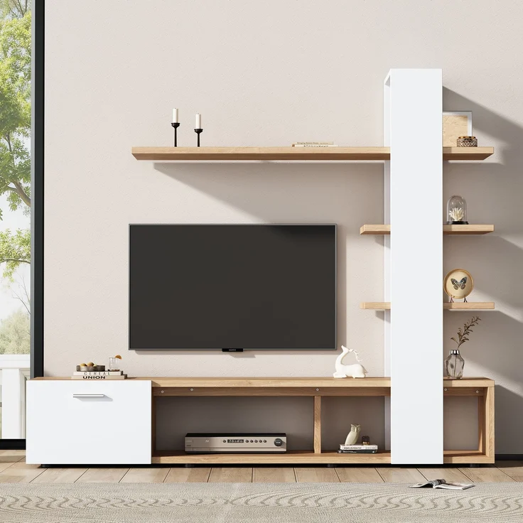 DESVIAE TV-Schrank-Set mit 3 Wandregalen und Stauraum, 180x151,5x33,5 cm, Spanplatte, Weiß und Holzfarben – Bild 1