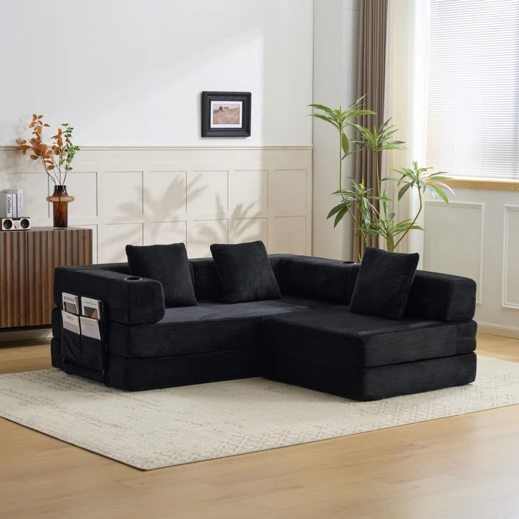Klappbares Bodenschlafsofa mit Getränkehaltern und Seitentaschen, faltbare Cord-Futoncouch ohne Montage für Wohn- und Gästezimmer, Schwarz – Bild 16