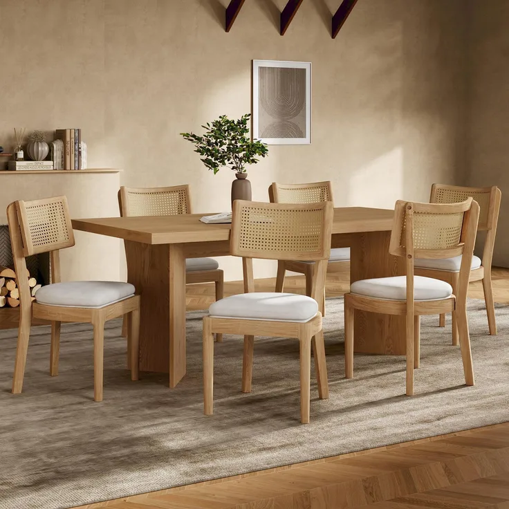 2er-Set Esszimmerstühle H 88 x T 58 x B 50 cm aus Massivholz mit Rattan-Rücken & Leinenkissen, modern