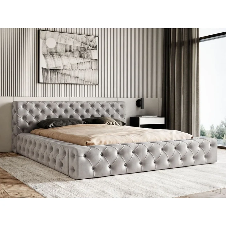 GRAINGOLD Palini Polsterbett 140x200, mit gepolstertes Kopfteil, gestepptes Bett, Bettkasten, Velour-Stoff, Grau – Bild 1