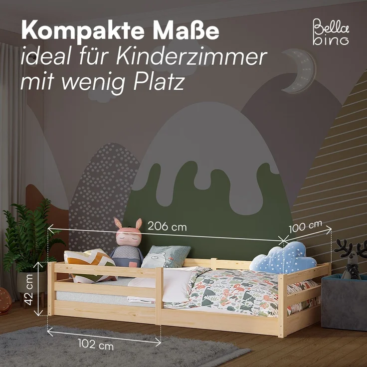 Bellabino 'Iskri' Bodenbett 90x200 cm, natur, Massivholz Kiefer, Montessori Kinderbett mit Rausfallschutz und Lattenrost – Bild 7