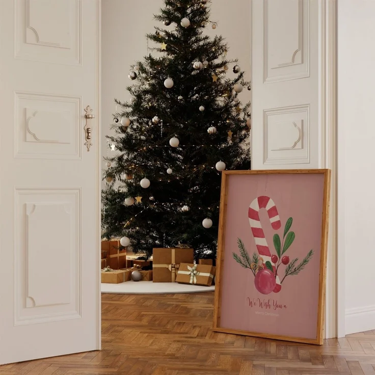 Weihnachtsposter Merry Christmas Aquarell · Geschenkidee · Weihnachtsbaum Schneemann Zuckerstange · Wand deko · Deko Print · ohne Rahmen - 20 x 25 cm / Zuckerstange