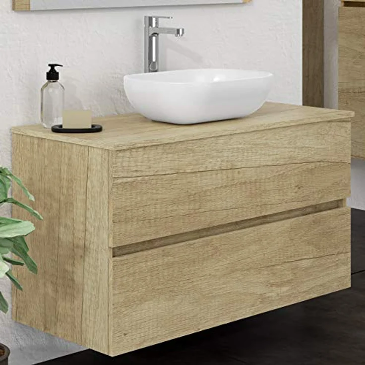 Baikal Onyx Badmöbel montiert, Möbel mit 2 Schubladen, Badezimmermöbel mit Waschbecken, Hängeschrank, Wandschrank, Keramikwaschbecken, inkl. Spiegel, 100 cm Nature – Bild 6