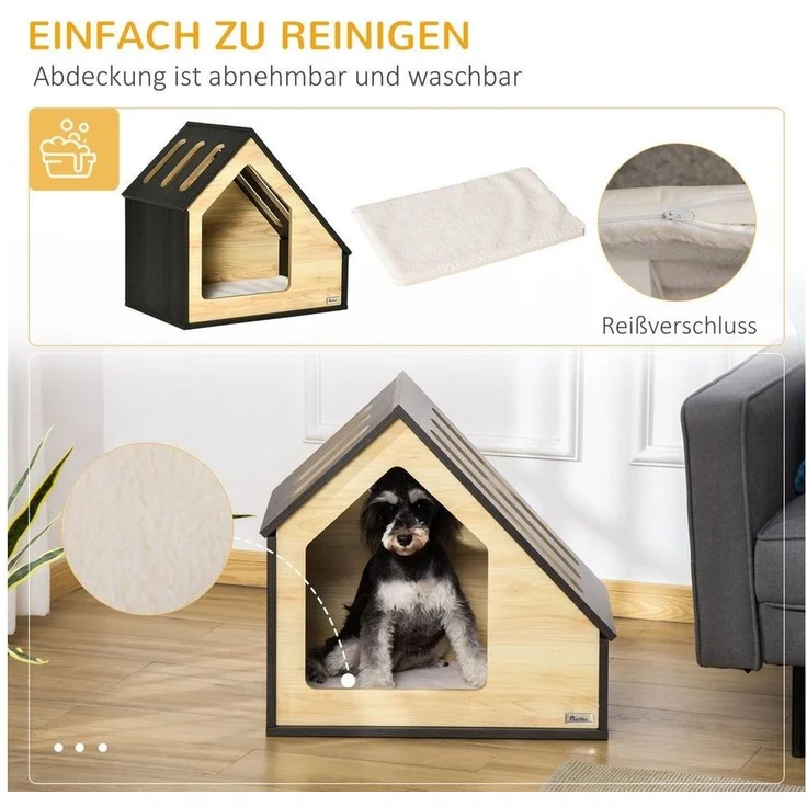 PawHut Hundehütte Hundeschlafplatz mit Kissen, Kaffee-Braun 60 x 40 x 59.2 cm – Bild 3