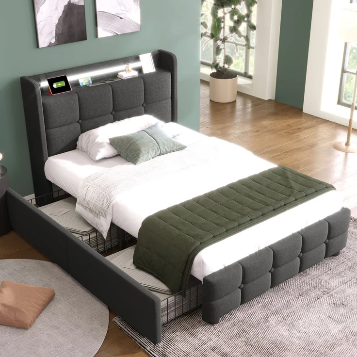 Einzelbett 90 × 200 cm mit Steckdosen,USB-Anschlüssen und LED-Beleuchtung,2 Schubladen,Leinenbezug in Grau – Bild 2