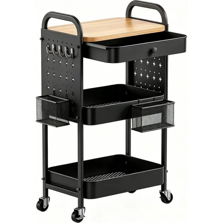 GLIESE Beistellwagen Vielseitiger Küchenwagen, Servierwagen, für Küche, Büro, Wohnzimmer, 2 Hängekörben, 4 Haken, 2 Lochplatten,1 Schublade, Bremsrollen, Griff