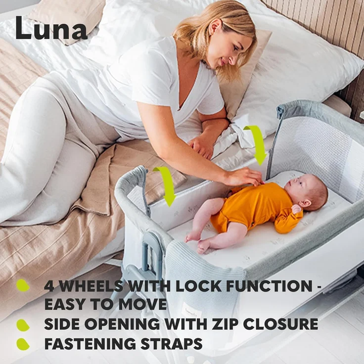 lionelo Luna 2-in-1 Nachttisch für Babys von Geburt bis 9 kg, mit Verstellbarer Höhe und Neigung, 4 feststellbare Räder, tragbar, atmungsaktiv, Netzgewebe, waschbare Matratze und Bezugskorb – Bild 5