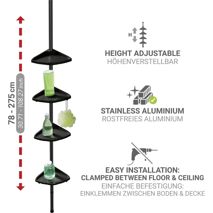 WENKO Duschregal Compact, Eckregal mit 4 Ablagen und 8 Haken, Montage ohne Bohren, Aluminium – Bild 4