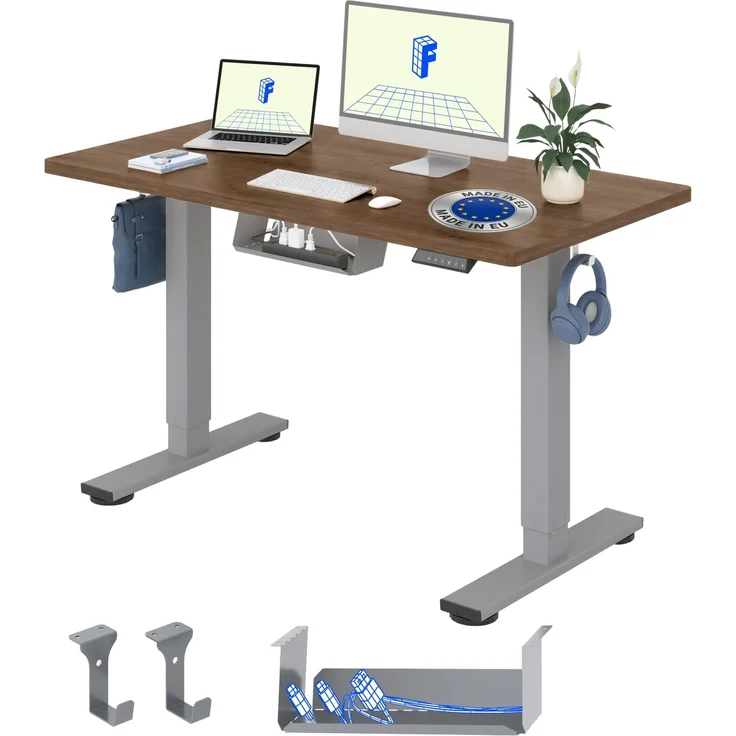FLEXISPOT Höhenverstellbarer Schreibtisch elektrisch 140×80cm– Schreibtisch in Heller Eichenoptik, 25 mm Tischplatte, leiser Motor für Homeoffice & Wohnräume (Kaffee-Eiche Optik, Grau Gestell)