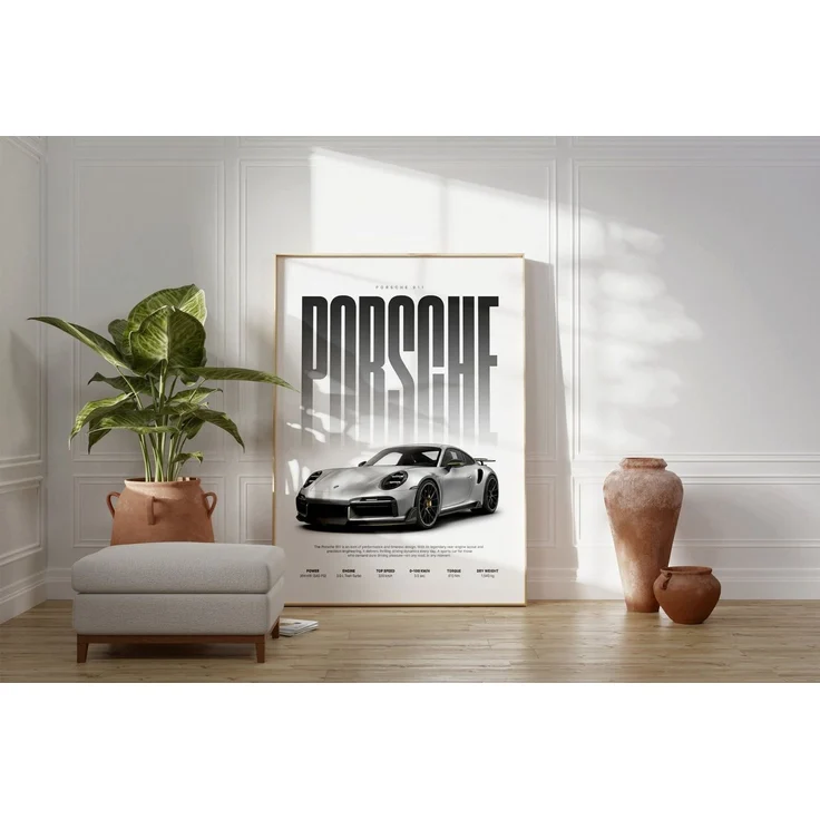 JUSTGOODMOOD Poster Silberner Sportwagen Geschenkidee Luxus Coup Wandbild Deko Print ohne, (1 St) – Bild 2