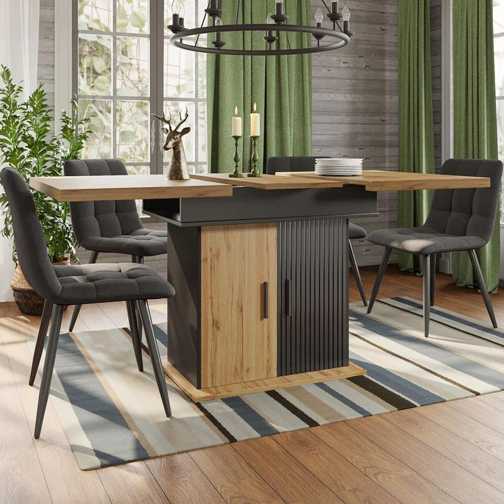 Esstisch ausziehbar 110-140x80x75 cm, Retro-Design, schwarz/natur, mit vakuumgeformten Türen – Bild 1