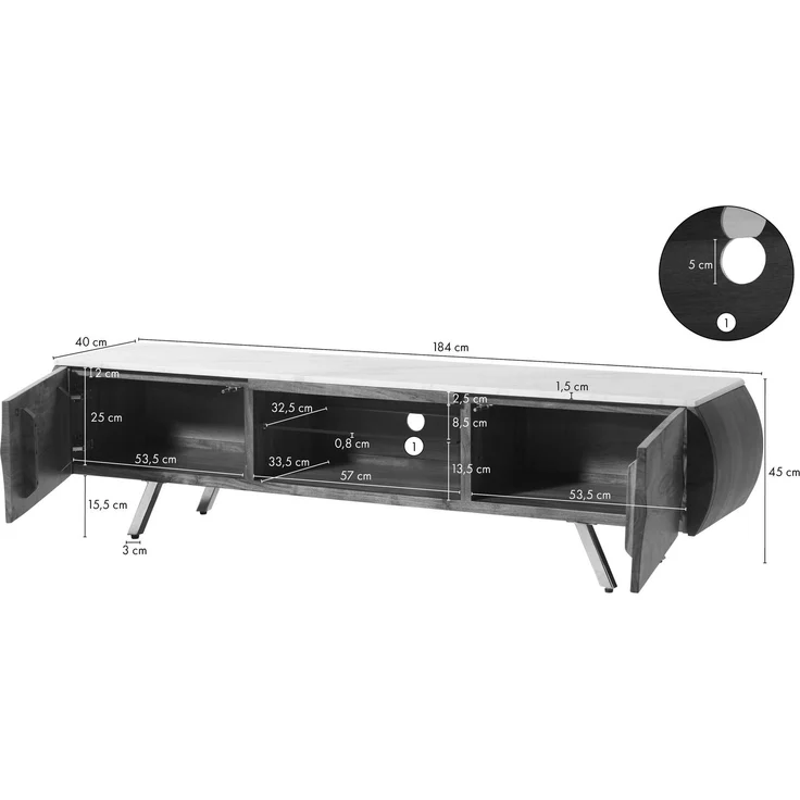 TV-Board Akazie 184x40x45 natur lackiert / Marmor schwarz MONTREAL #121 – Bild 8