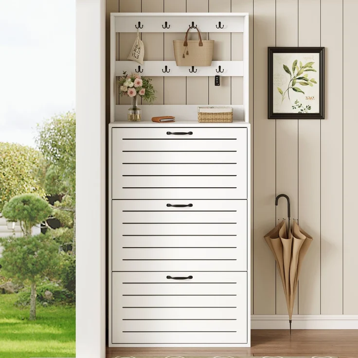 ZUBALIYA Schuhschrank (70 x 25 x 163 cm), 3 Türen, Lamellengestaltung, Aufbewahrung für Schuhe, Hausschuhe und Schuhzubehör, Weiß – Bild 2