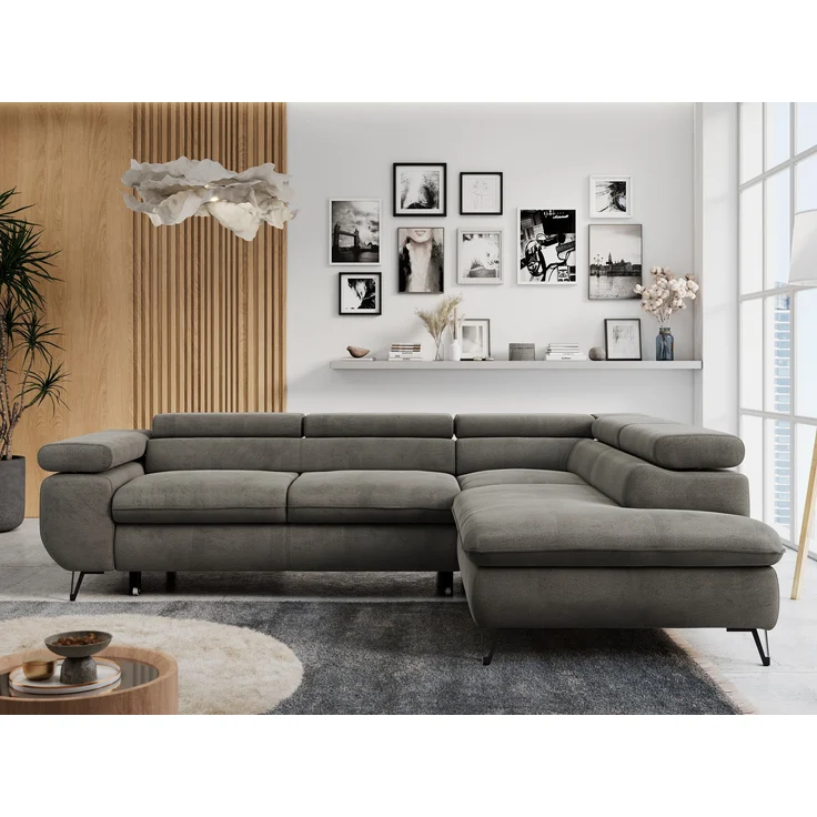 Mks Möbel 'Peter L-form' Ecksofa mit Bettfunktion, Bettkasten & einstellbaren Kopfstützen, Dunkelgrau, Velours, mit Topper, rechts – Bild 4