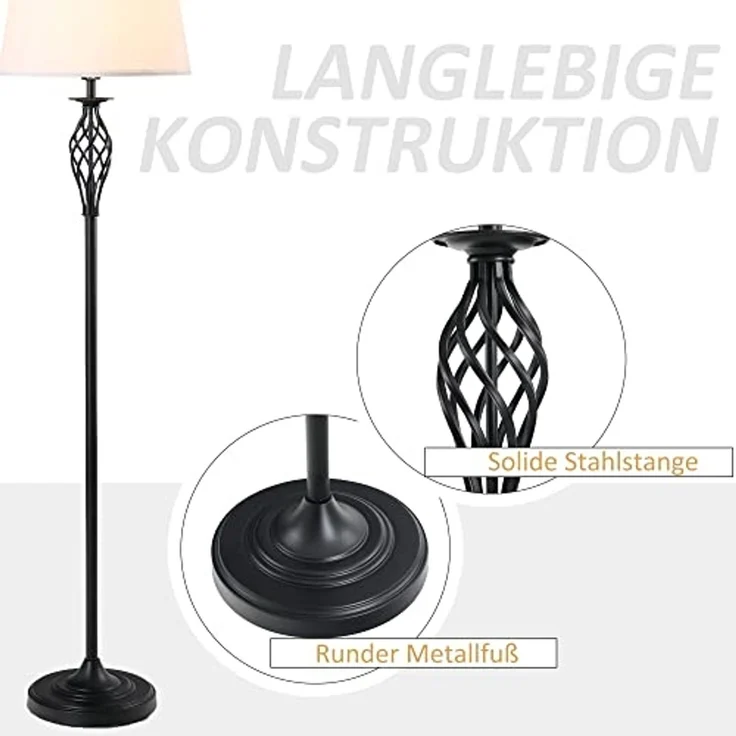 HOMCOM Stehlampe 3er-Lampenset 2 Tischlampe + 1 Stehlampe, Metall, PS, Polyester, Baumwolle, Vintage, Schwarz+Weiß – Bild 5