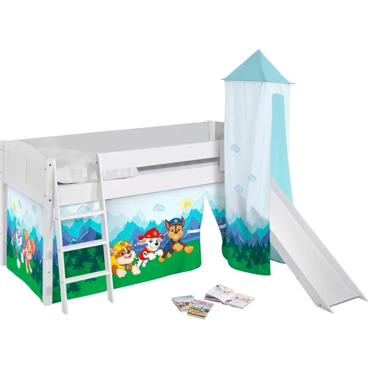 Lilokids Kinderbett Hochbett IDA Landhaus mit Rutsche, Vorhang & Turm PAW PATROL 200x90cm – Bild 1