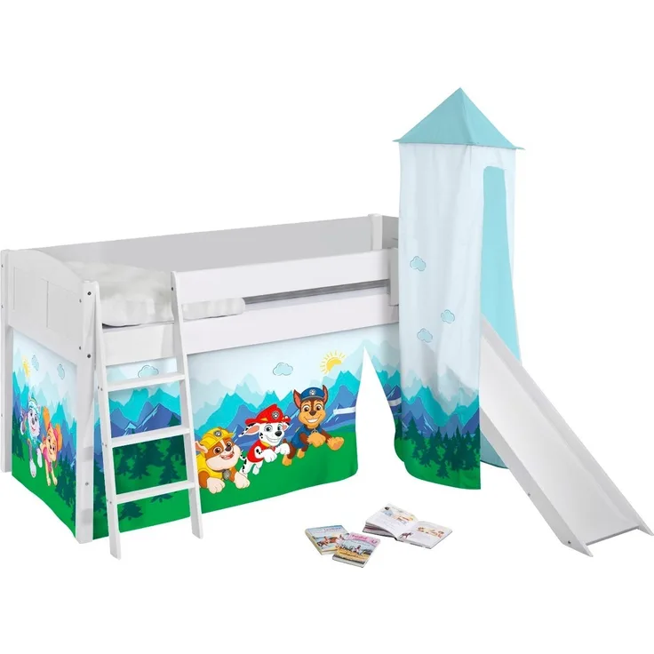 Lilokids Kinderbett Hochbett IDA Landhaus mit Rutsche, Vorhang & Turm PAW PATROL 200x90cm