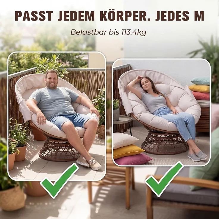 COMHOMA Papasansessel, gemütlicher Drehsessel mit Kissen rund, bequemer Rattansessel, Loungesessel drehbar, runder Relax Korbsessel Rattan für Wohnzimmer, Leseecke, Lounge - BEIGE – Bild 8
