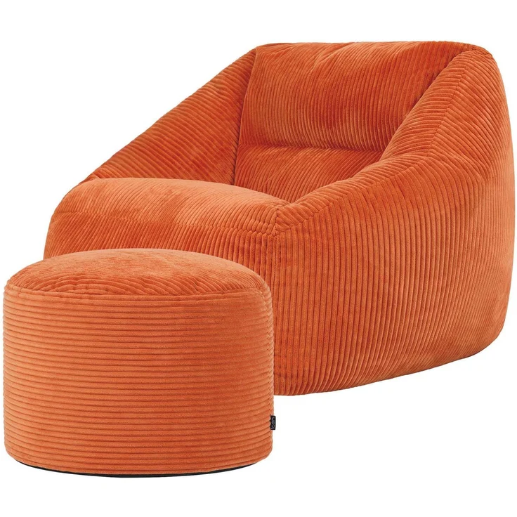 Icon Natalia Sitzsack Sessel mit Hocker für Erwachsene, Orange, Flauschiger Cord Stoff, Riesen Sitzsack Cord mit Füllung, Bean Bag Chair, Bequemer Sessel Wohnzimmer, Lounge, Schlafzimmer, Büro