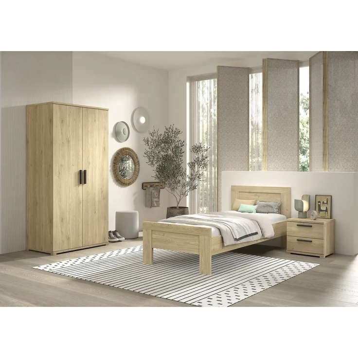 SAM Artikel-Set 3-tlg. best aus, Einzelbett, Nachtkonsole, Kleiderschrank 2-trg, Ausf. Eiche Melamin Dekor – Bild 1