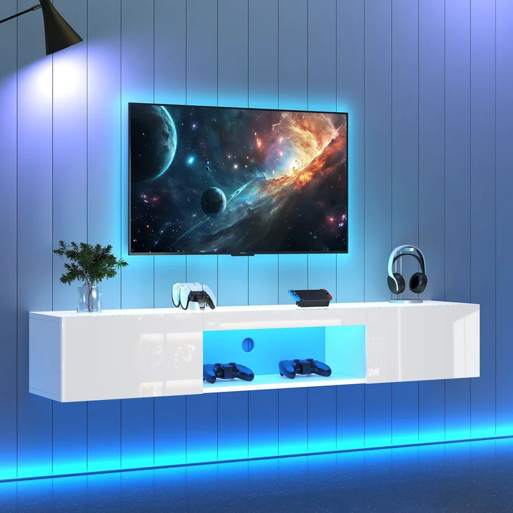 Hängeschrank für Wohnzimmer mit LED-Beleuchtung, Bluetooth-App steuerbar, Musikmodus, Stauraum mit offenes Fach und Türen – Bild 5
