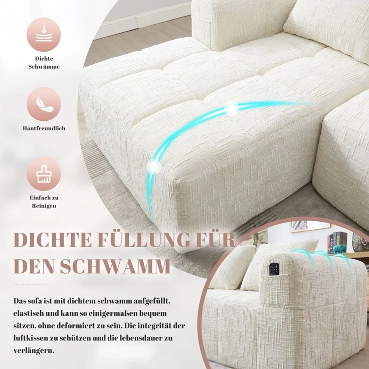 L-Form Sofa (3-Sitzer) mit Chaiselongue, Chenille, ohne Montage, 250x158x60 cm, Beige – Bild 7