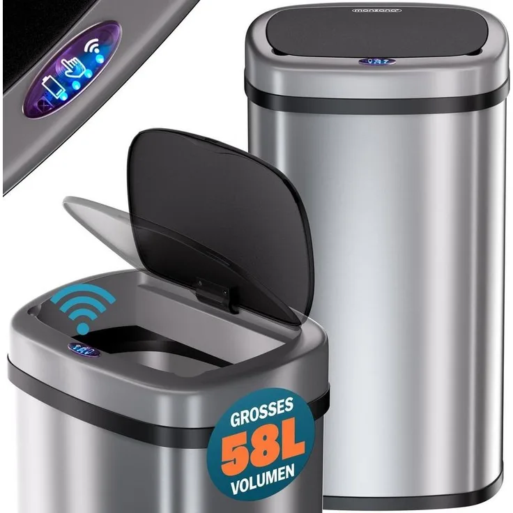 monzana Mülleimer, 58 L Automatik Sensor Mülleimer LED Display Müllbehälter berührungslos